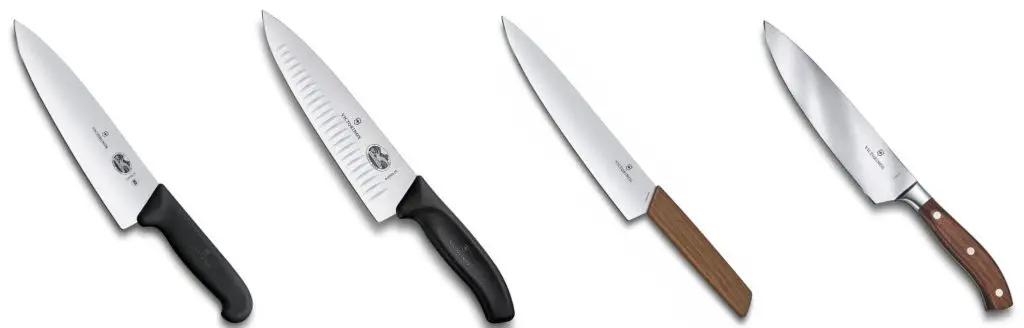 Right to left Grand Maitre Swiss Modern Swiss Classic Granton Edge Swiss Fibrox 8 inch Chef Knives